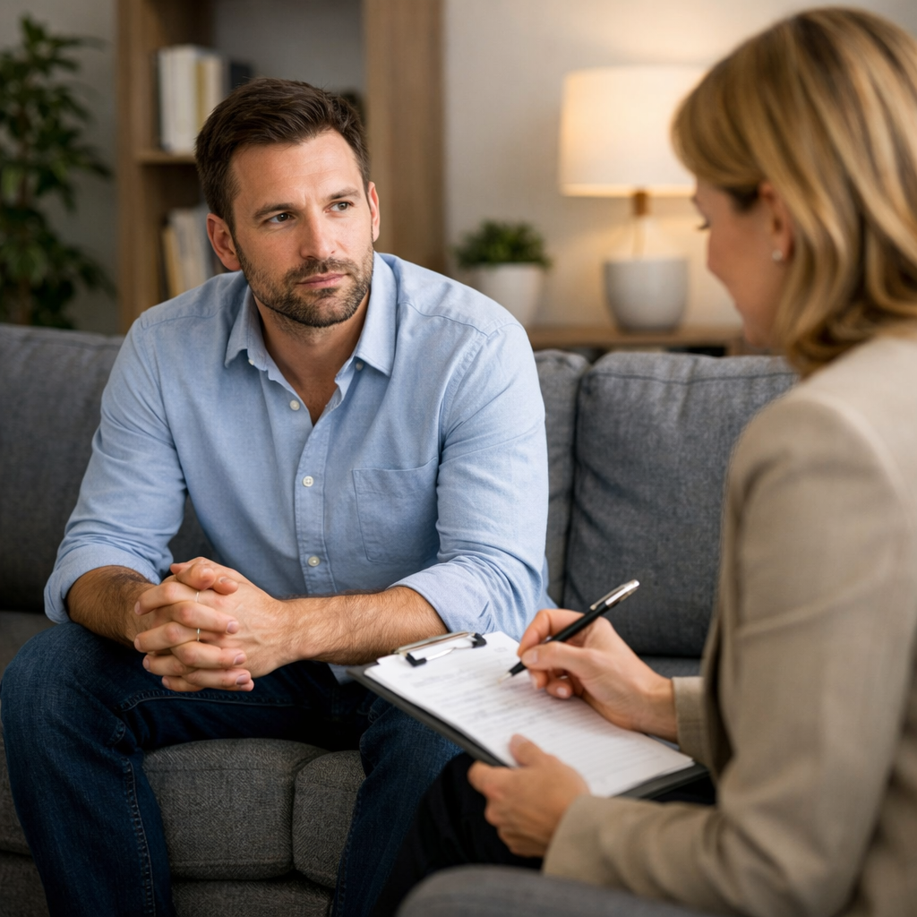 Man sitting on couch attentively listening to counselor holding clipboard and pen